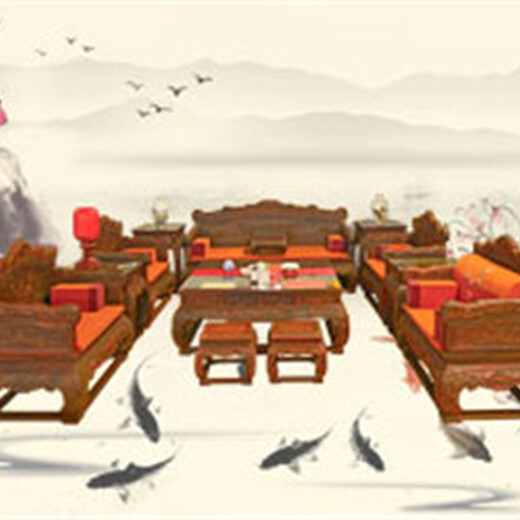王义红木大红酸枝沙发精雕餐桌七件套,大红酸枝沙发