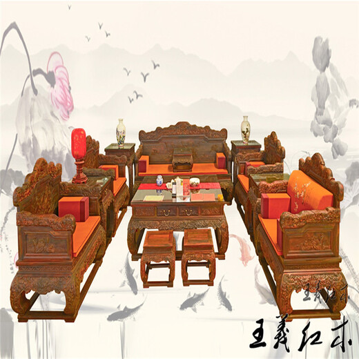 王义红木济宁红木家具,济宁大红酸枝餐桌王义红木缅甸花梨沙发古典美