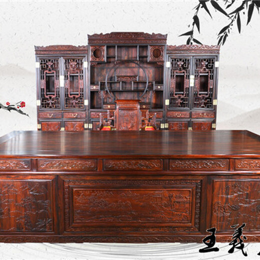 王义红木交趾黄檀办公桌,艺术创作大红酸枝办公桌低调的华丽
