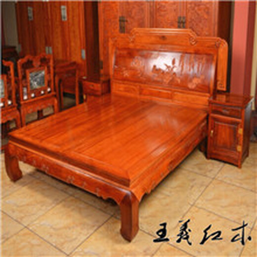 王义红木酸枝架子床,济宁貔貅图老挝大红酸枝双人床