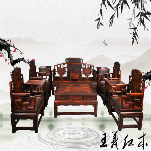 济宁红木家具缅花材质沙发老红木中堂六件套大红酸枝餐桌价格