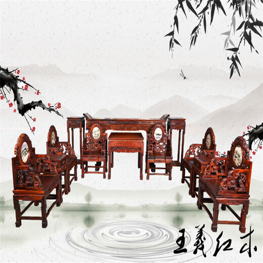 王义红木沙发六件套大红酸枝餐桌大师制作,缅甸花梨沙发