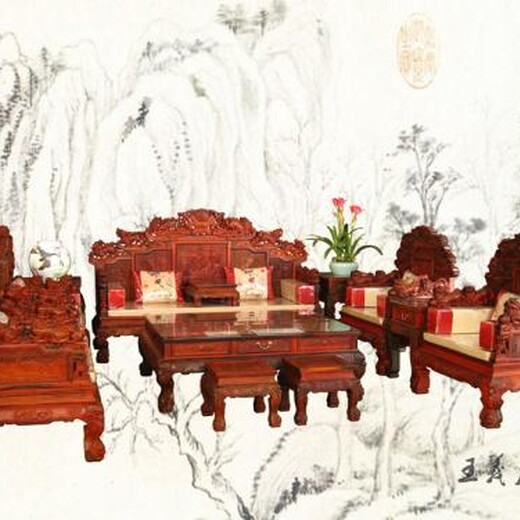 青岛大红酸枝餐桌王义红木缅甸花梨沙发大红酸枝办公桌