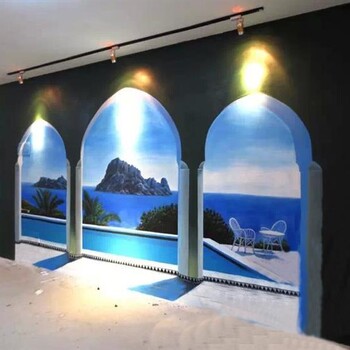 3D拱形立体手绘墙展览馆海景背景墙画场馆墙绘定制上门南京新视角
