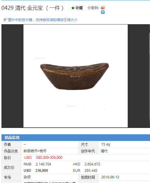 文化艺术展信息  以往成交记录参考: 藏品名称:清代      寿字纹金锭