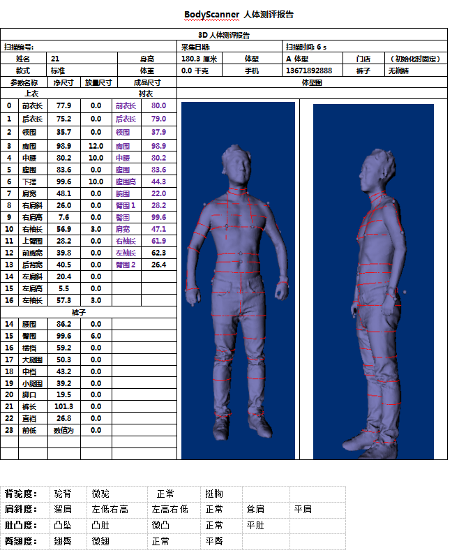 人体(3d)三维扫描测量,服装定制,人体净尺寸快速获取