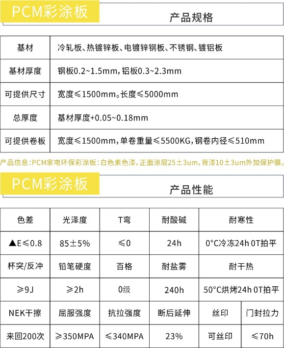 pcm彩涂板规格与性能