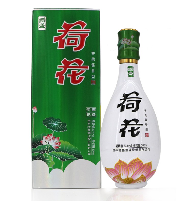 杜酱国盛荷花酒茅台镇53度香柔酱香型纯粮食白酒53度带杯500ml整箱6瓶