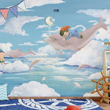 北欧手绘卡通海洋海豚儿童房背景墙个性定制厂家