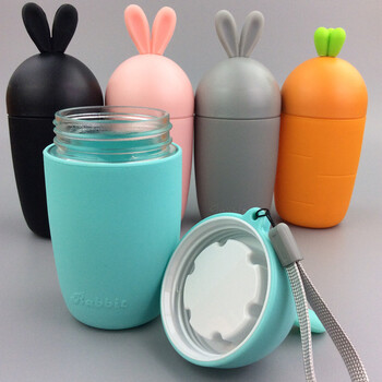 可爱萝卜兔子儿童卡通个性水杯玻璃杯便携耐热厂直供硅胶套玻璃杯