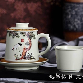 定做年终礼品茶具套装松鹤呈祥四件陶瓷杯带茶漏