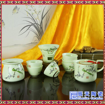 陶瓷简约青瓷家用泡茶壶小杯子纯手工绘画白瓷茶具套装
