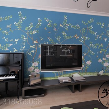 王室手绘中式墙纸手绘客厅电视背景墙壁纸