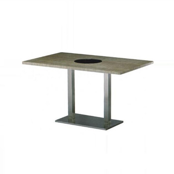 大理石餐厅桌子不锈钢封边人造石火锅台定做工厂白色火锅桌