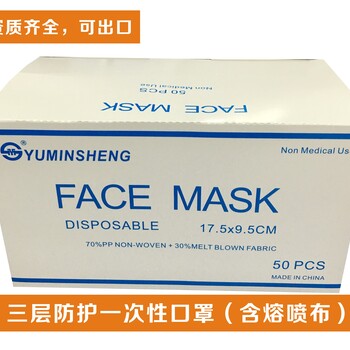 一次性三層口罩帶95熔噴層17.5x9.5cm民用可出口50個/盒英文包裝