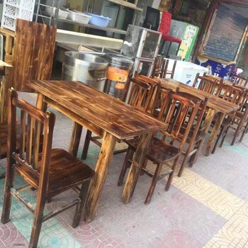 二手餐饮桌椅，火烧木碳化餐饮桌椅，餐馆实木餐桌椅出售