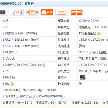 全新原装A规友达8寸液晶模组C080VW02V0WLED60pins800×480可定制高亮液晶屏