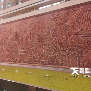 大型手工敲铜浮雕壁画、户外紫铜山水画背景墙安装效果