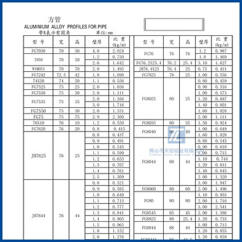 方管铝型材规格表定制生产