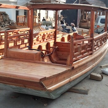 湖州木质旅客船定做实木电动游船旅游船观光船设计，单篷景区木船