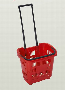 大红色拉杆带轮子超市购物篮模具大量生产