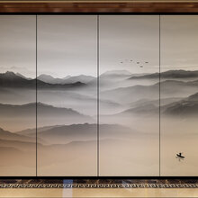 供应夹丝玻璃/水墨山水画玻璃/移门隔断/背景墙图片