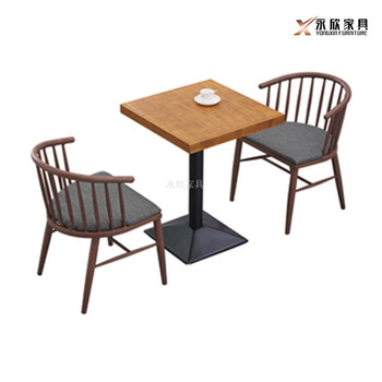 港式餐廳鋼木餐桌仿木椅子組合