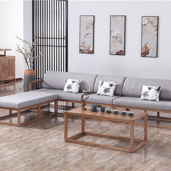 山西木言木语新中式风格中式黄菠木布艺转角沙发（左右通用）