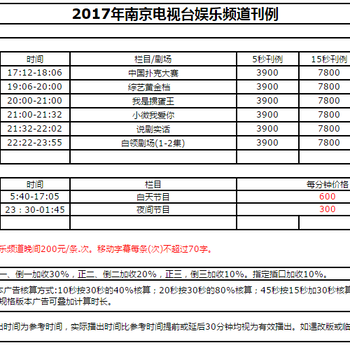 南京电视台广告部/南京电视台娱乐频道广告价格/南京电视台广告中心