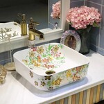 洗手间陶瓷卫浴彩色盆方形薄边洗手盆中式彩花洗手彩色盆艺术盆