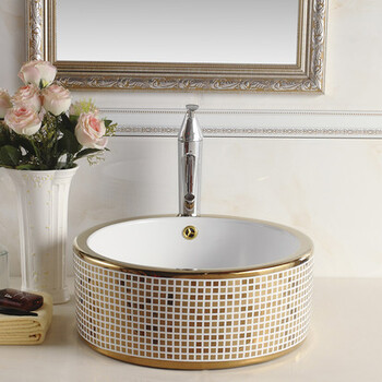 陶瓷盆电镀金色艺术盆圆形卫生间金色台上盆无孔艺术陶瓷洗手盆