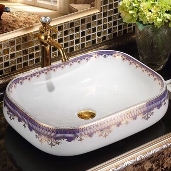 浴室间台面紫色台上洗手盆彩金方形陶瓷盆洗手盆陶瓷艺术盆