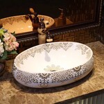 台上盆椭圆金色盆形镀金彩色高档欧式花纹洗手盆陶瓷艺术盆