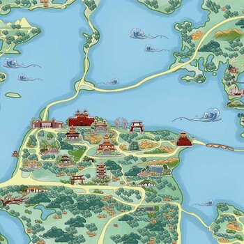 杭州手绘地图景区导览图卡通地图市县手绘地图设计制作