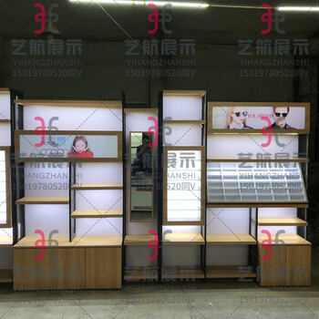 广东中山钢木结合眼镜柜靠墙高柜木纹免漆展示柜厂家定做