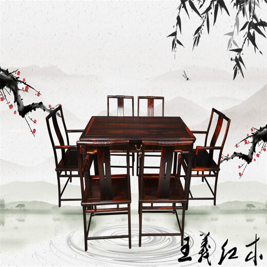 枣庄匠心用王义红木大红酸枝餐桌,古典餐厅餐座椅