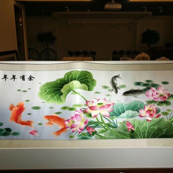 開封汴繡荷花魚圖，純手工刺繡可定制