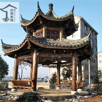 防腐木古建六角凉亭，园林古建双层木质凉亭