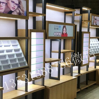 木纹免漆板眼镜柜台展示柜立式陈列眼镜柜句容市眼镜店铺设计