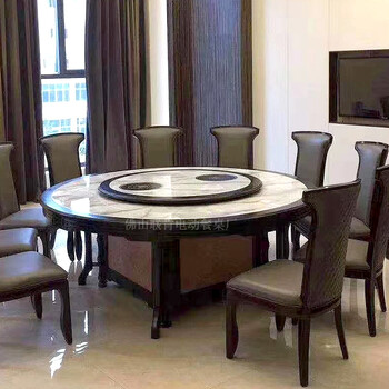 新中式实木餐桌椅组合酒楼饭店会所电动大气圆餐桌自动转盘