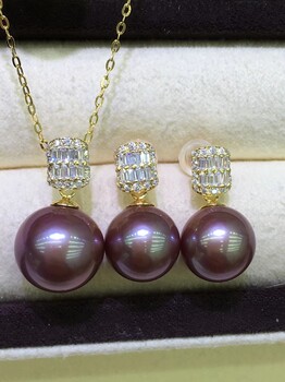 卓伟珍珠S925精工纯银紫珠套装，耳环10一11mm，吊坠11一12mm