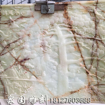 榮英泉國石材雕刻天然玉石浮雕松鶴延年可透光玉石背景裝飾