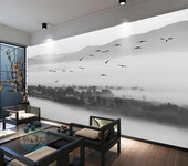 新中式抽象意境水墨山水画背景墙壁画家具沙发床头无缝3D壁纸