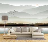 新中式水墨意境山水画沙发床头背景墙装饰壁画家具展厅3D壁纸