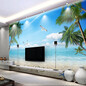 酒店宾馆租房床头壁纸蓝天白云海滩椰树海景3D电视背景墙壁画