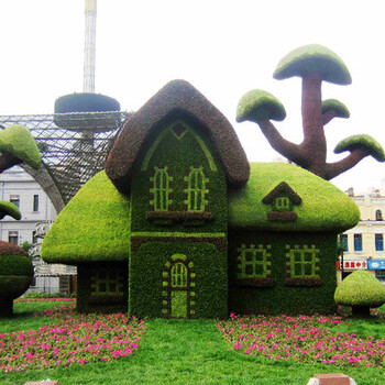 绿雕小房子立体花坛五色草造型植物雕塑绢花造型